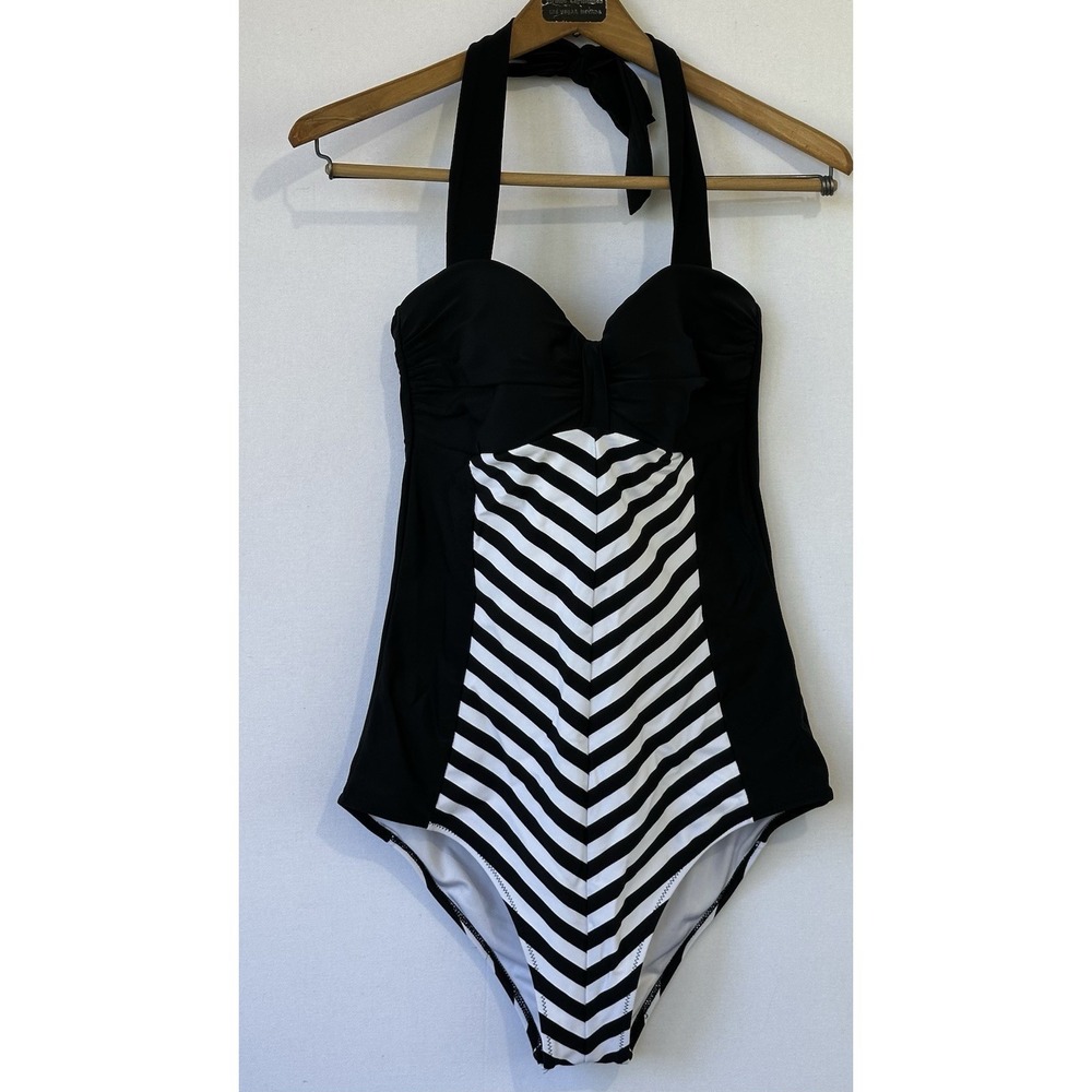 Cupshe One Piece Ruched Halter Retro Stripe Women L Black White Excellent